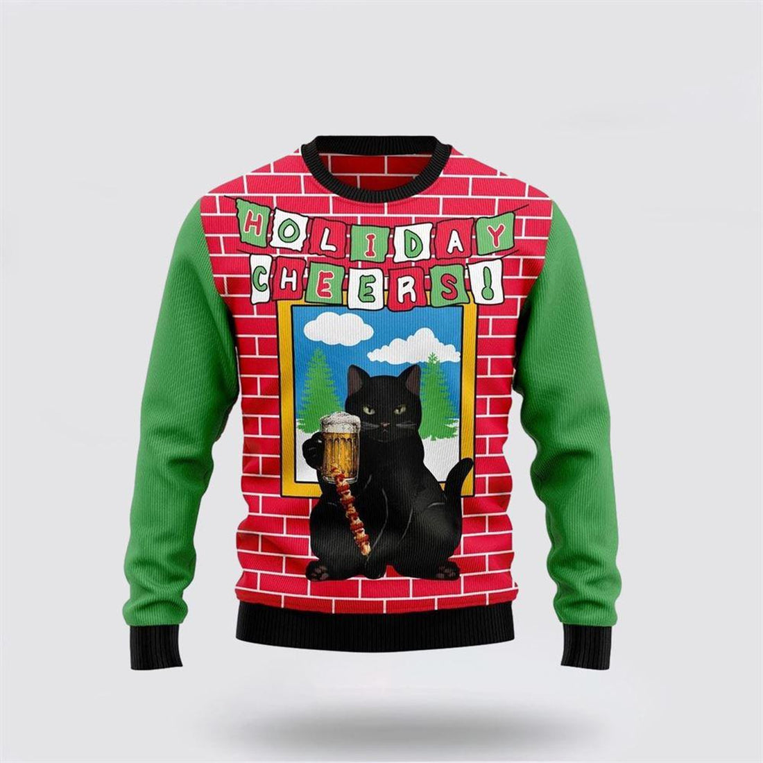 FUNSTUFFPRINT Holiday Cheer Black Cat Beer Christmas Ugly Christmas Sweater – Cat Lover Christmas Sweater Ugly  Sweater