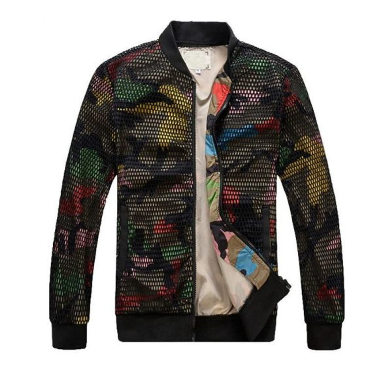 FUNSTUFFPRINT Hollow Out Net Style Men Slim Fit Bomber Jacket