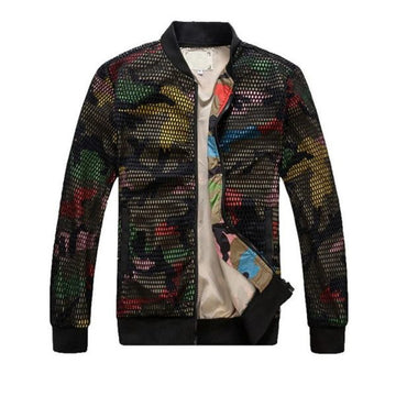 FUNSTUFFPRINT Hollow Out Net Style Men Slim Fit Bomber Jacket
