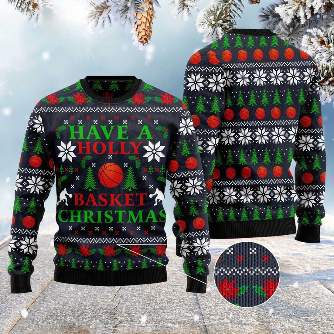 FUNSTUFFPRINT Holly Basket Basketball Christmas Ugly Christmas Sweater, Christmas Sweater, Ugly Sweater, Funny Xmas Sweaters Ugly Sweater