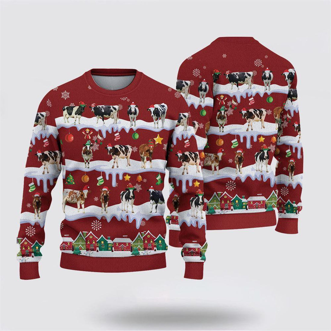 FUNSTUFFPRINT Holstein Christmas Knitted Sweater, Gifts For Farmers, Rural Lovers Ugly  Sweater