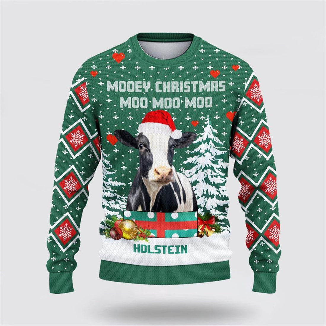 FUNSTUFFPRINT Holstein Green Merry Christmas Ugly Sweater, Gifts For Farmers Ugly Sweater
