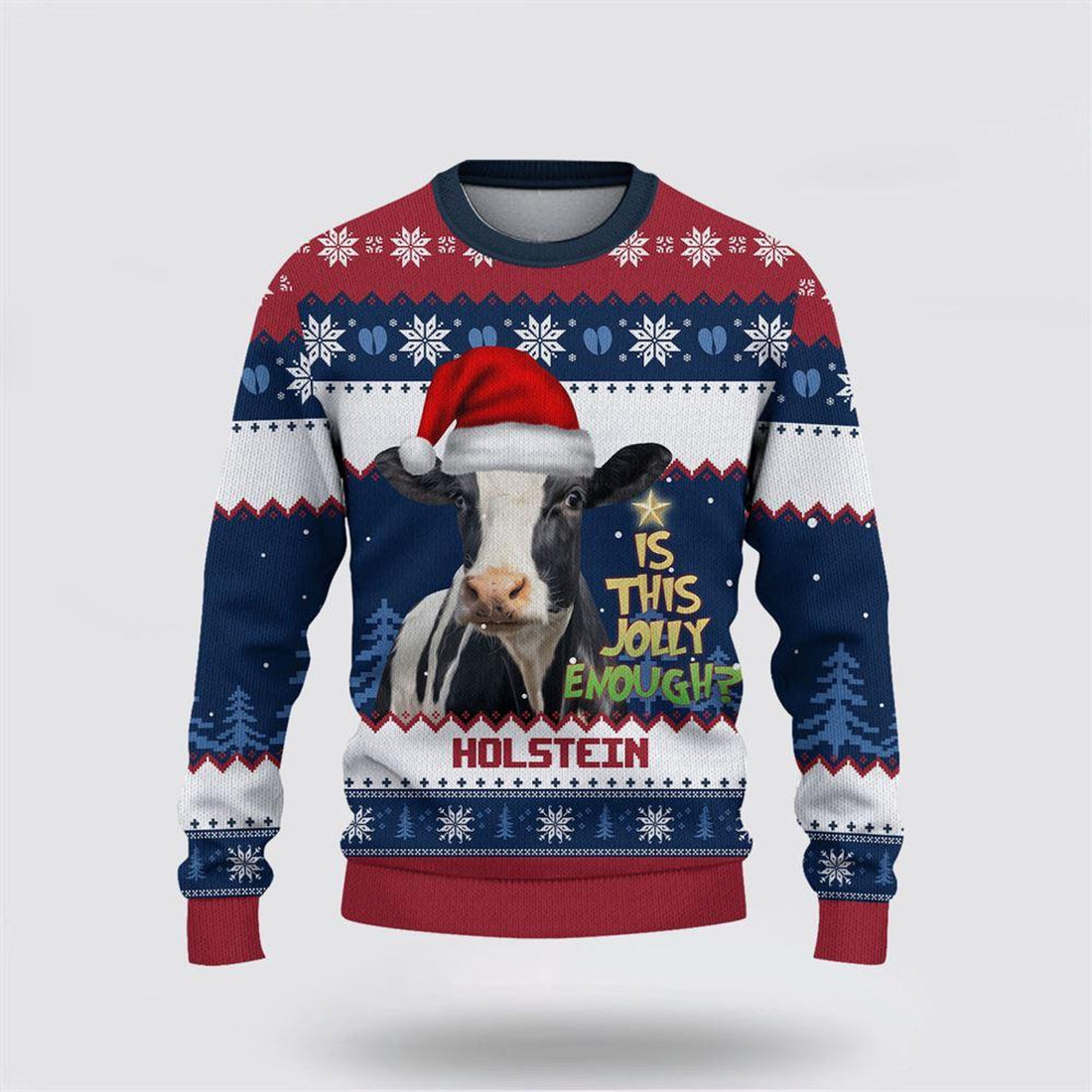 FUNSTUFFPRINT Holstein Jolly Merry Christmas Ugly Sweater, Gifts For Farmers, Rural Lovers Ugly Sweater