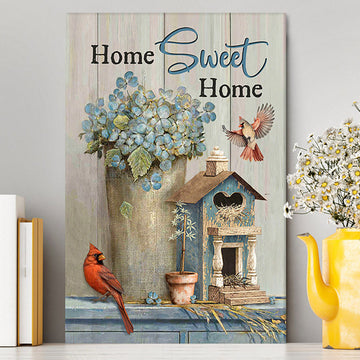 Home Sweet Home Blue Hydrangea Red Cardinals Canvas Art - Bible Verse Wall Art - Christian Inspirational Wall Decor