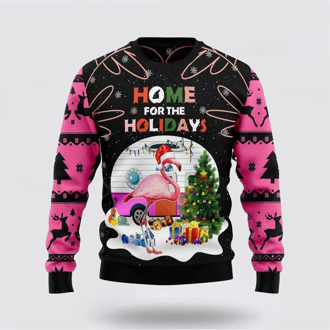 FUNSTUFFPRINT Home For The Holidays Flamingo Ugly Christmas Sweater – Sweater Gifts For Pet Lover Ugly  Sweater