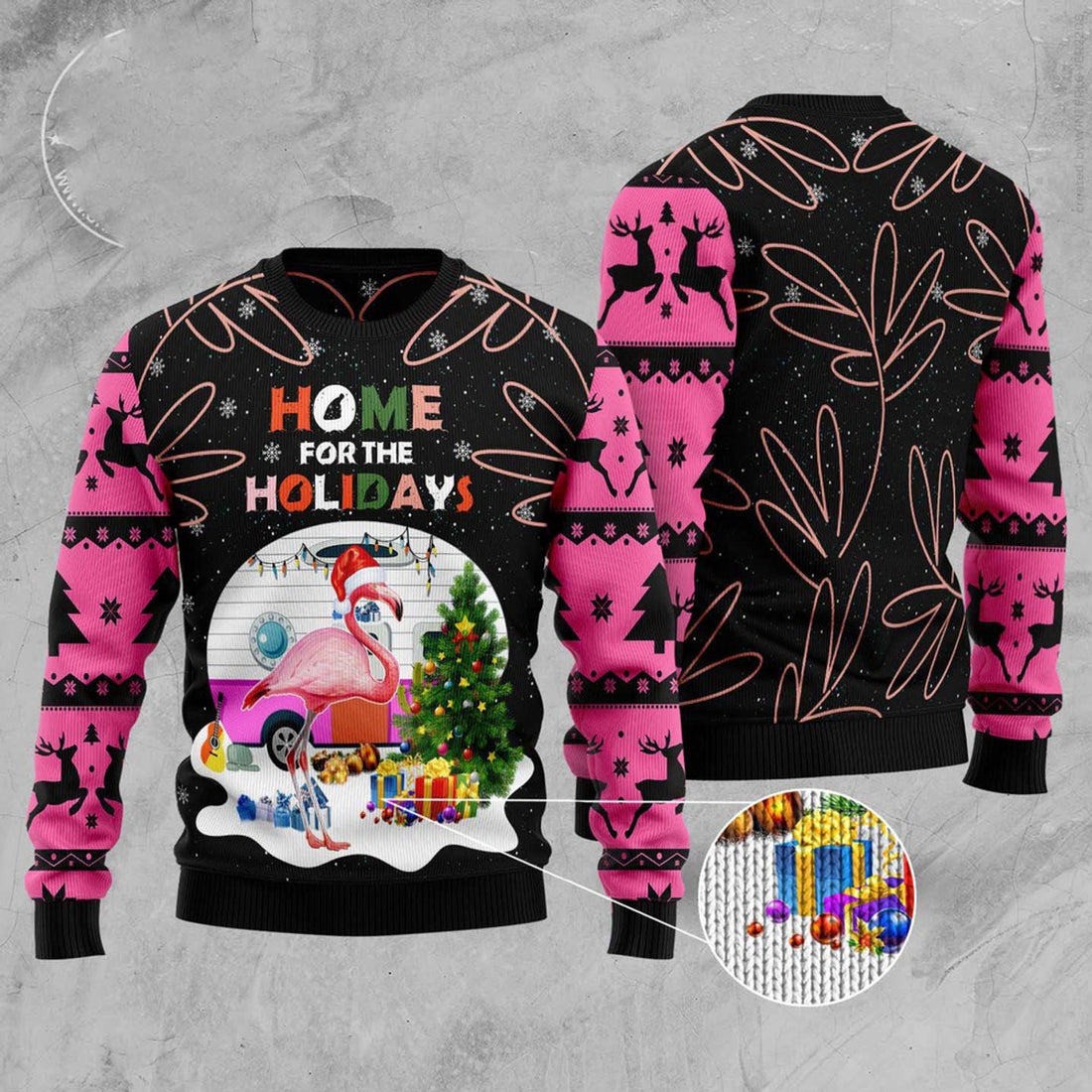 FUNSTUFFPRINT Home For The Holidays Flamingo Ugly Christmas Sweater, Christmas Sweater, Ugly Sweater, Funny Xmas Sweaters Ugly Sweater