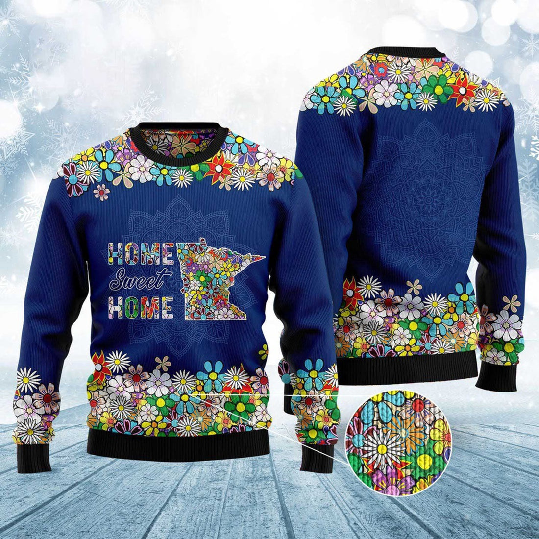 FUNSTUFFPRINT Home Sweet Home Minnesota Flower Ugly Christmas Sweater, Christmas Sweater, Ugly Sweater, Funny Xmas Sweaters Ugly Sweater