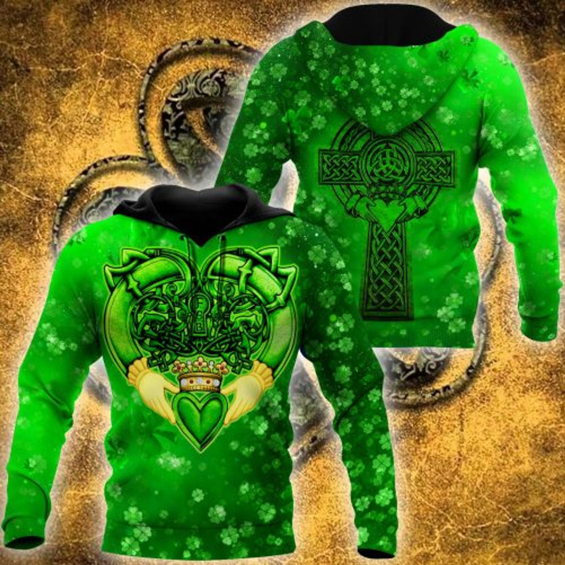 FUNSTUFFPRINT Irish St.Patrick 3D All Over Hoodie Irish Claddagh 3D Hoodie and Zip Hoodie