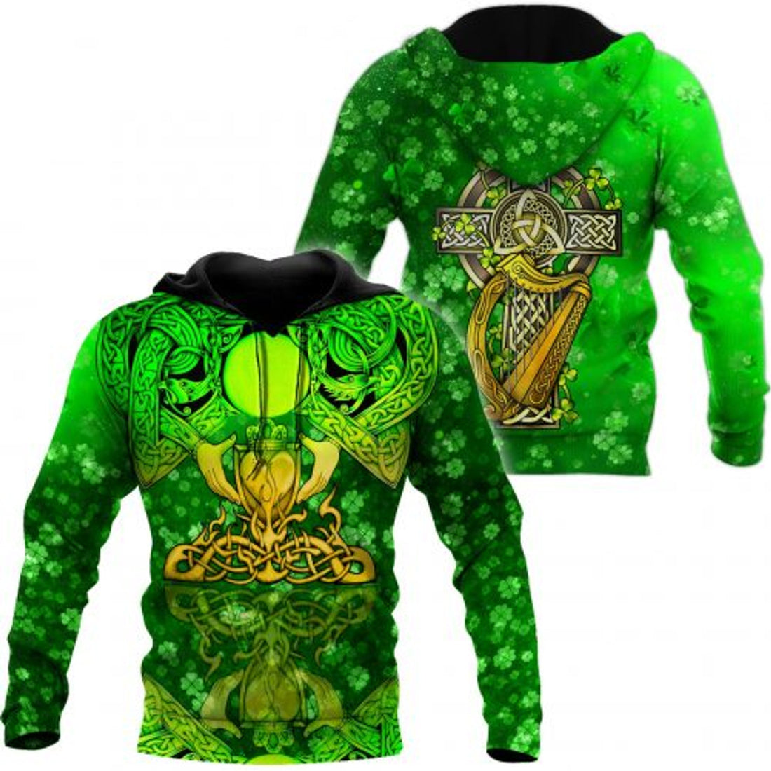 FUNSTUFFPRINT Irish St.Patrick 3D All Over Hoodie Irish Claddagh Shamrock 3D Hoodie and Zip Hoodie