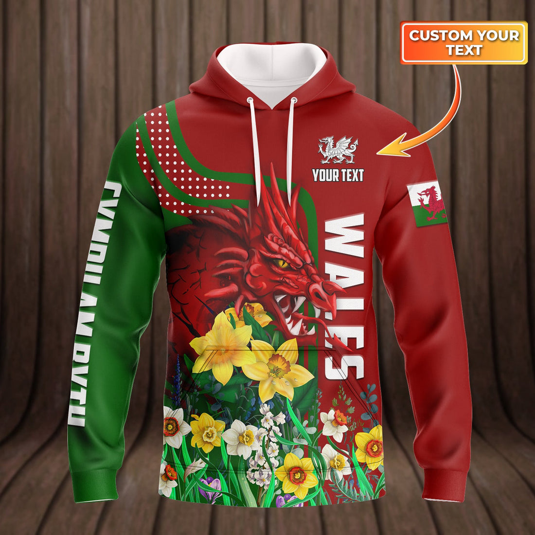 FUNSTUFFPRINT Wales, Cymru - Personalized Name 3D Hoodie and Zip Hoodie