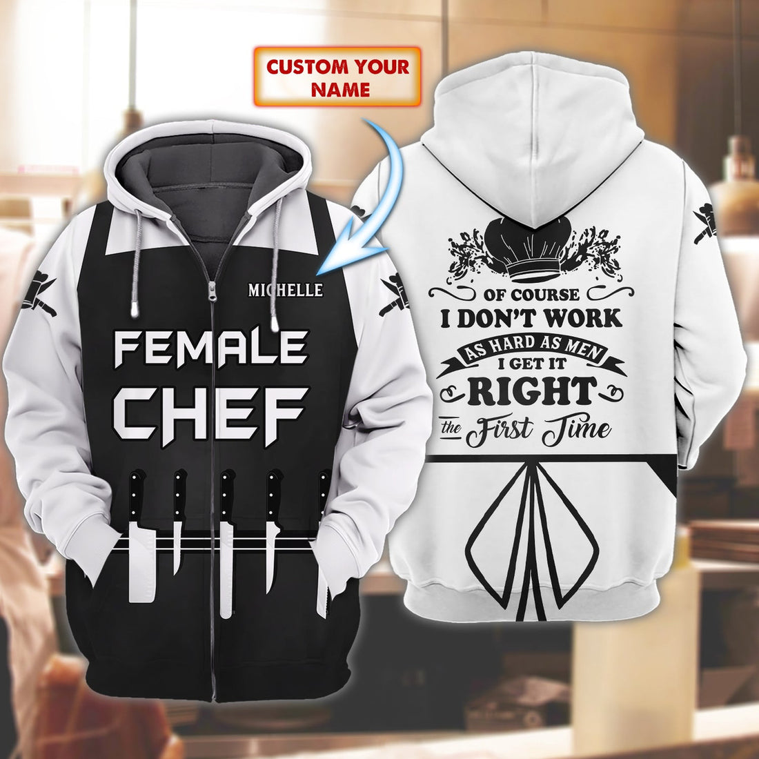 FUNSTUFFPRINT Female Chef - Personalized Name 3D Hoodie and Zip Hoodie
