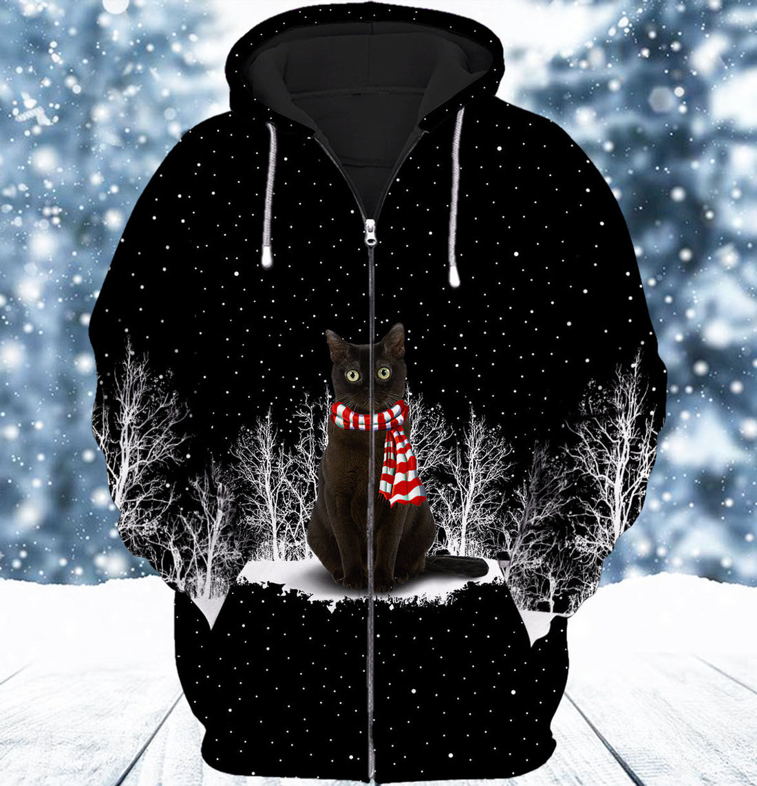 FUNSTUFFPRINT Black Cat And Winter Night 3D Hoodie and Zip Hoodie