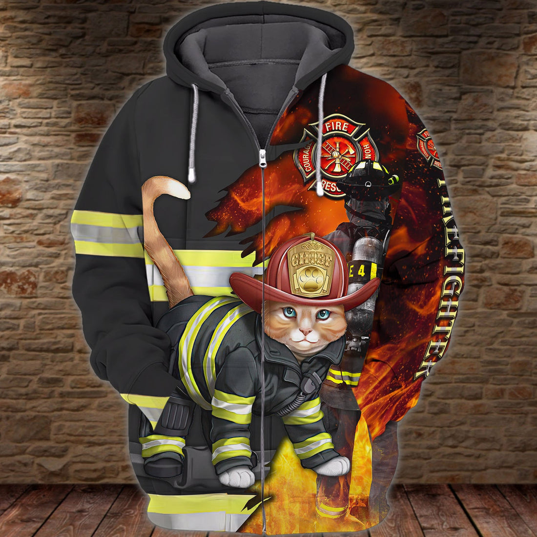 FUNSTUFFPRINT Cat Firefighter - 3D Full Print 3D Hoodie and Zip Hoodie
