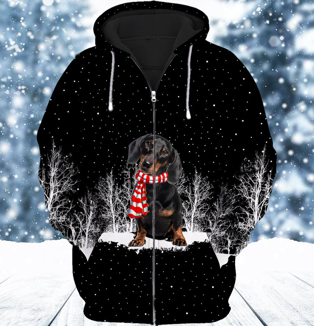 FUNSTUFFPRINT Dachshund And Winter Night 3D Hoodie and Zip Hoodie