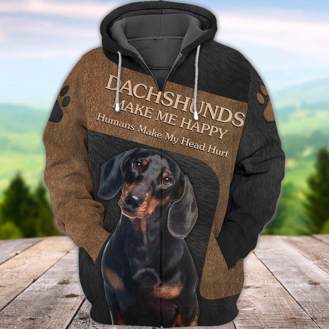 FUNSTUFFPRINT Dachshund Make Me Happy 3D Hoodie and Zip Hoodie