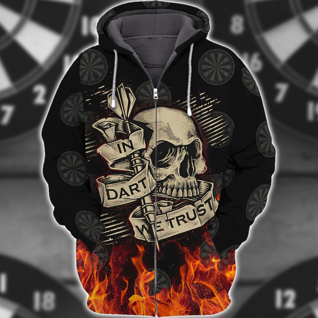FUNSTUFFPRINT In Dart We Trust Flame Skull 3D Hoodie and Zip Hoodie