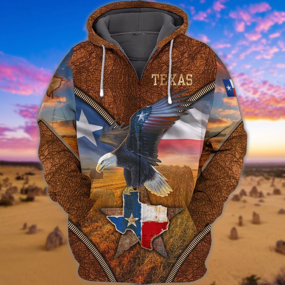 FUNSTUFFPRINT Eagle Texas 3D Hoodie and Zip Hoodie