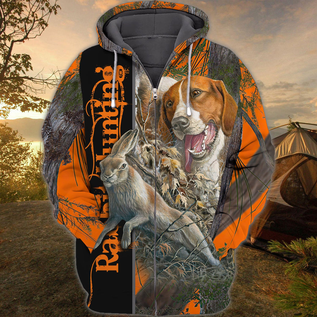 FUNSTUFFPRINT Rabbit Hunting With Beagles Orange Muddy Camo Rabbit Hunting Dogs 3D Hoodie and Zip Hoodie