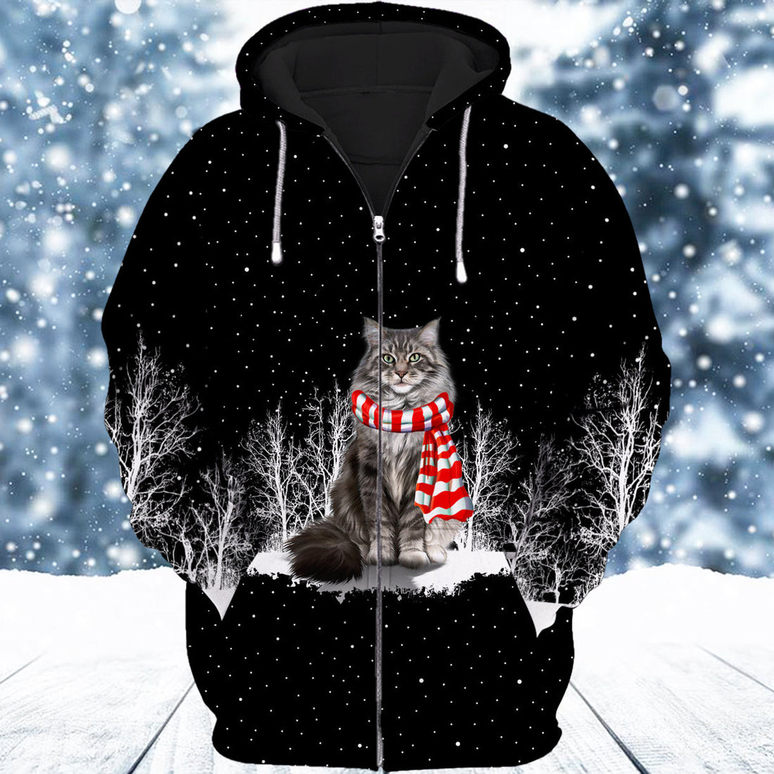 FUNSTUFFPRINT Cat Maine Coon And Winter Night 3D Hoodie and Zip Hoodie