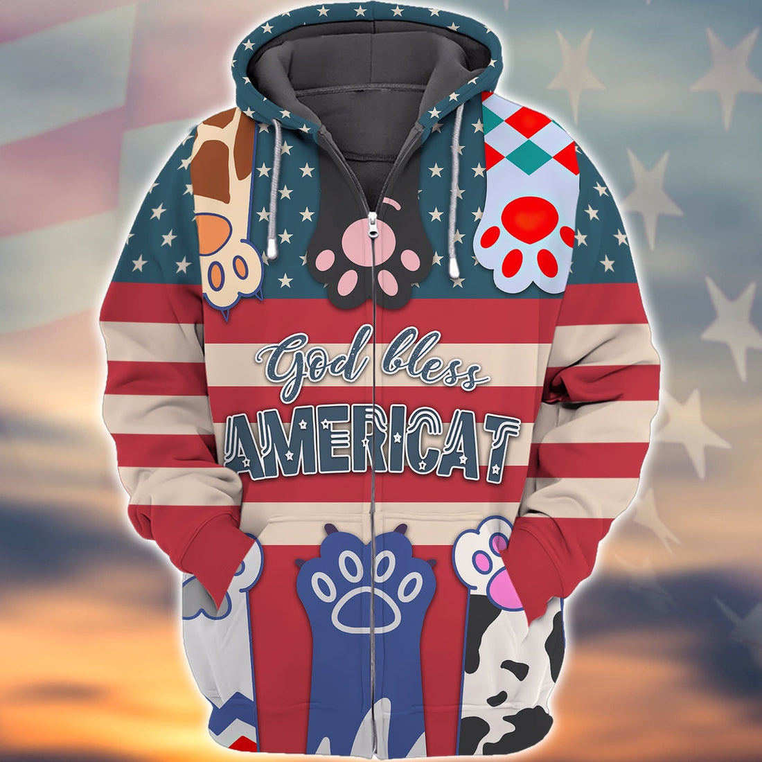 FUNSTUFFPRINT Cat America - 3D Full Print 3D Hoodie and Zip Hoodie