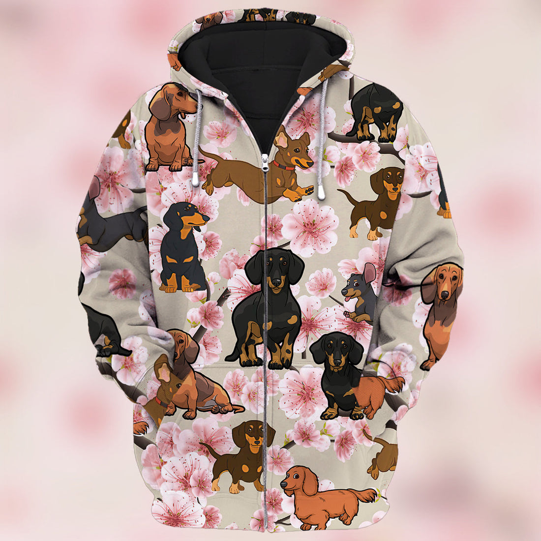 FUNSTUFFPRINT Dachshund And Pink Flower 3D Hoodie and Zip Hoodie