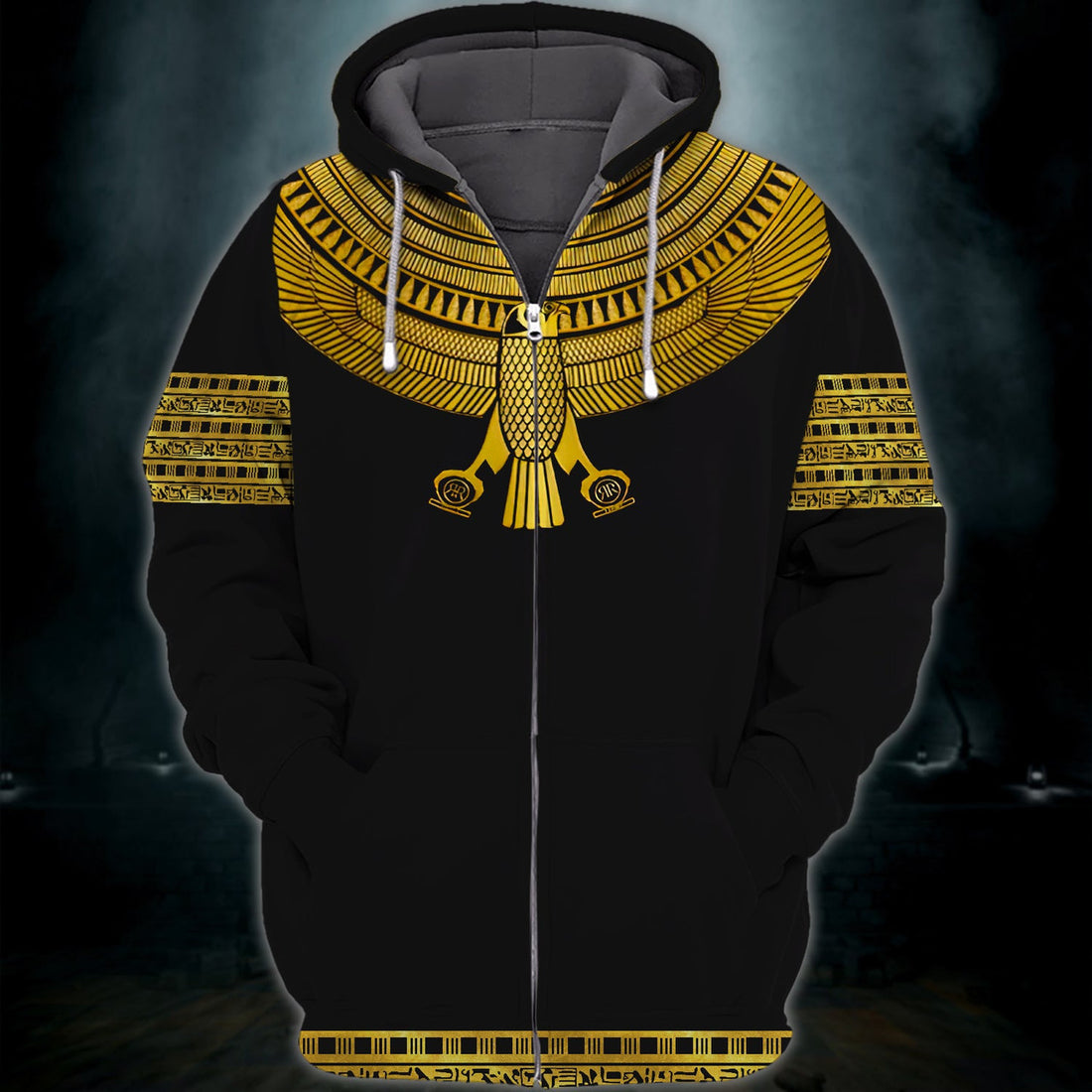 FUNSTUFFPRINT Golden Horus Black, Ancient Egypt 3D Hoodie and Zip Hoodie
