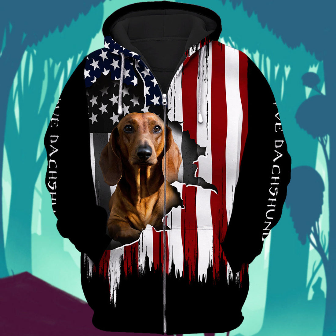 FUNSTUFFPRINT Dachshund Flag American 3D Hoodie and Zip Hoodie