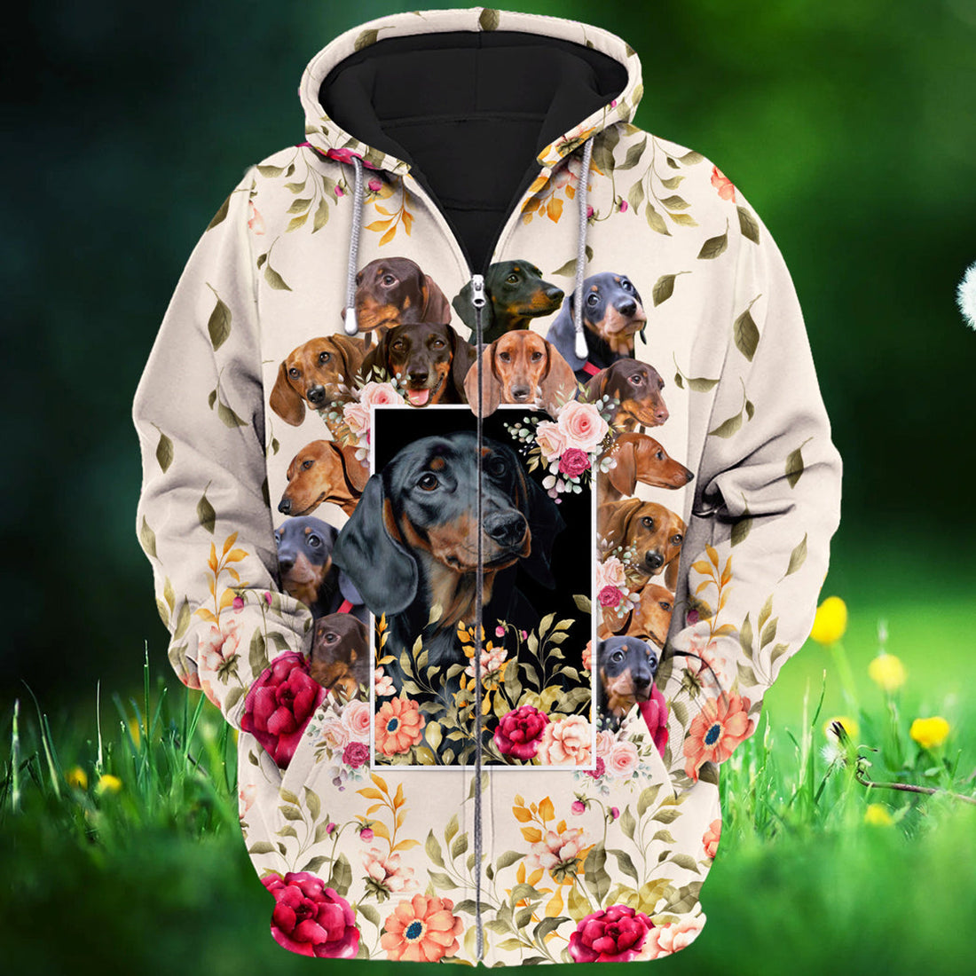 FUNSTUFFPRINT Dachshund And Flower 3D Hoodie and Zip Hoodie