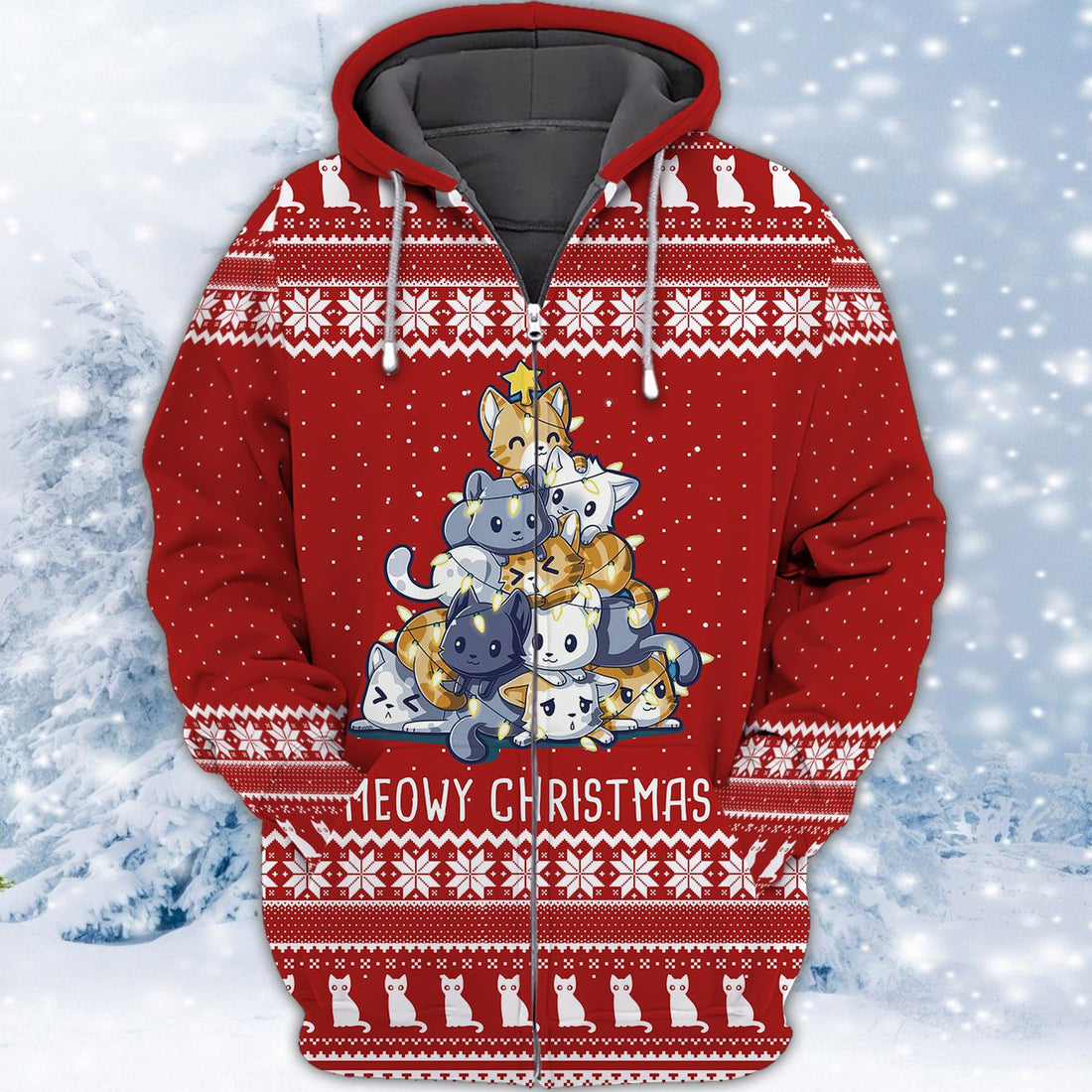 FUNSTUFFPRINT Meowy Christmas 3D Hoodie and Zip Hoodie