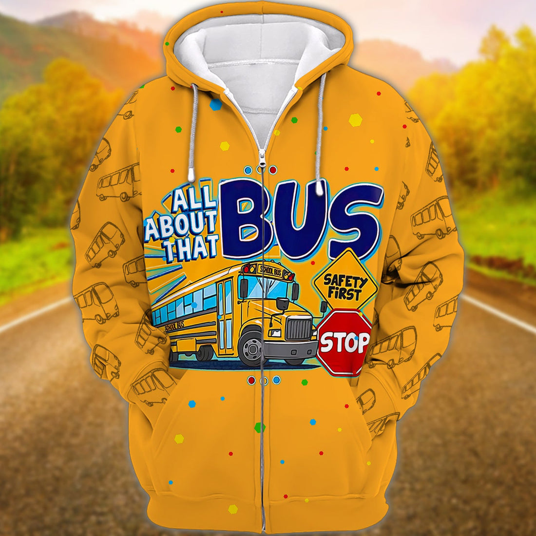 FUNSTUFFPRINT School Bus- All About That Bus Safety First Stop 3D Hoodie and Zip Hoodie
