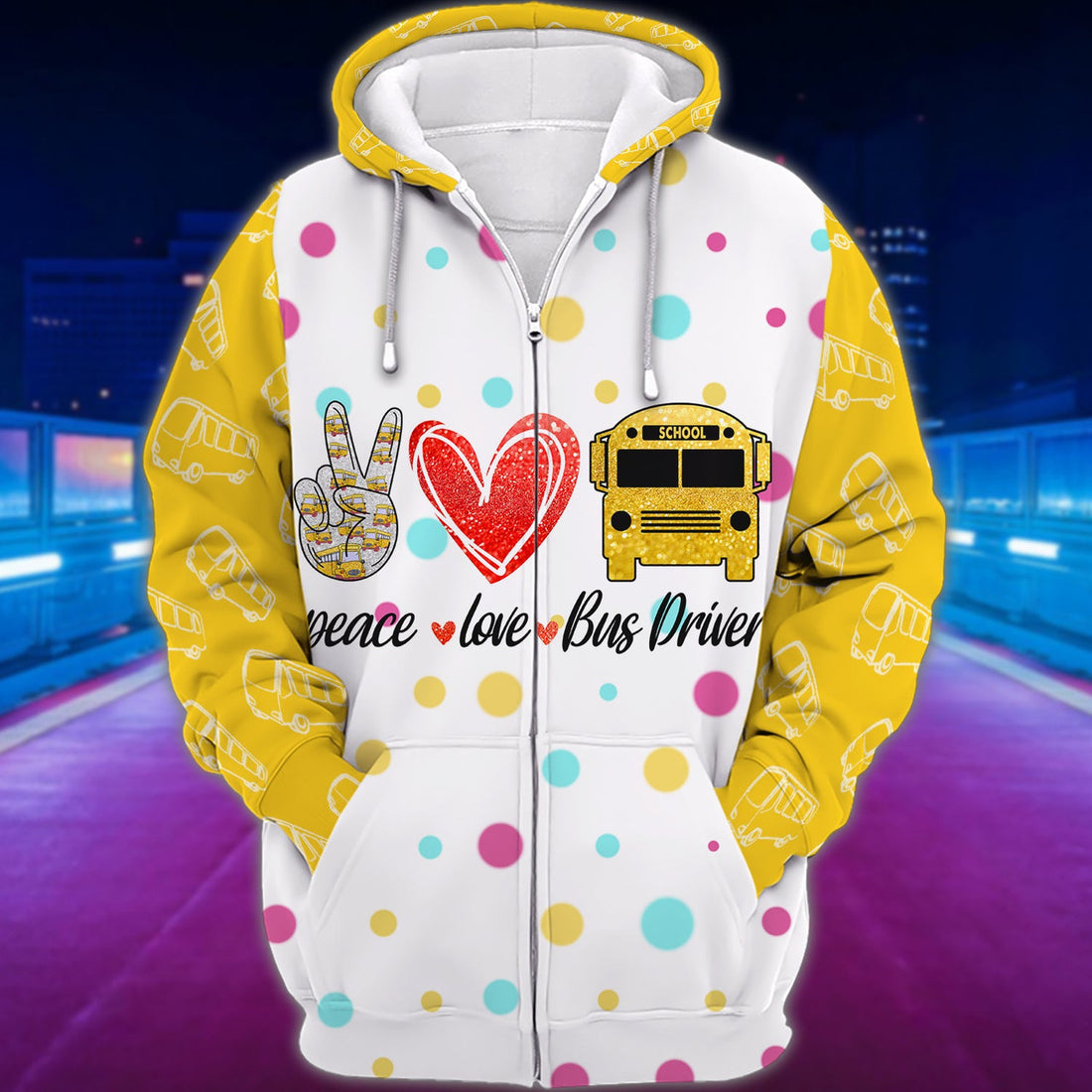 FUNSTUFFPRINT Peace Love Bus Driver 3D Hoodie and Zip Hoodie