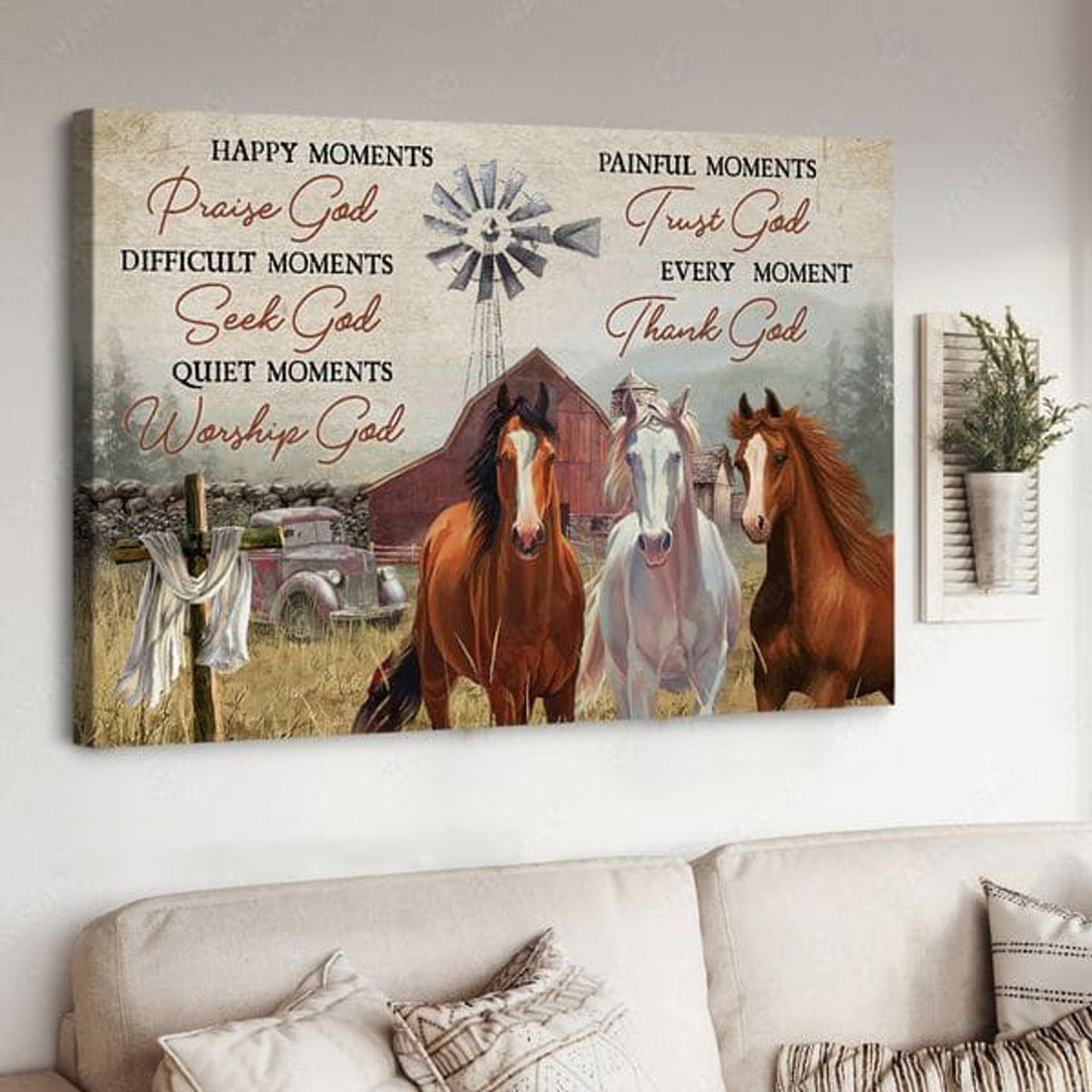 Horse Poster, Happy Moments Praise God Difficult Moments Seek God Quiet Moment Worship God Poster and Canvas