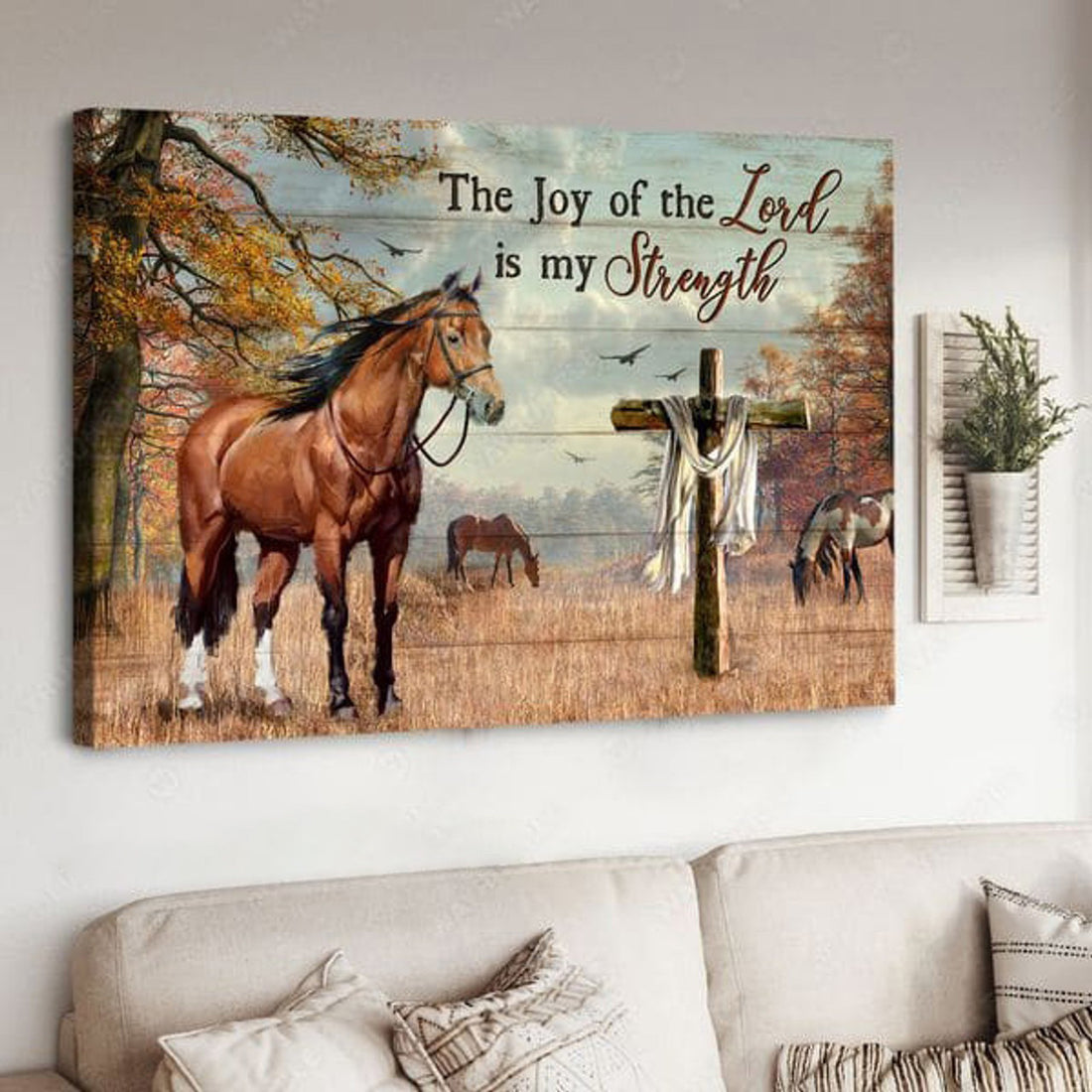 Horse Poster, The Joy Of The Lord Is My Strength God Cross Horse Lover Poster and Canvas