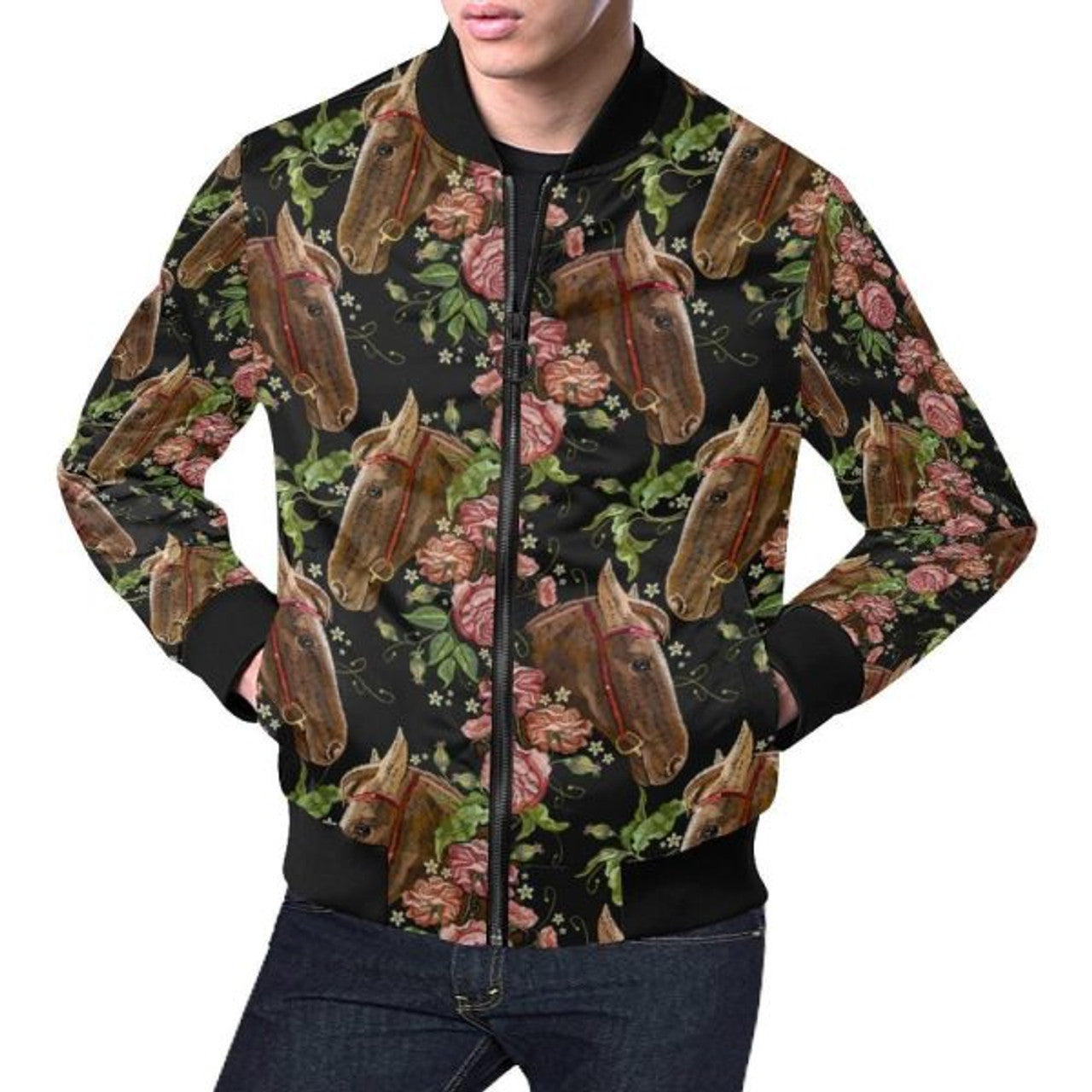 FUNSTUFFPRINT Horse Rose Pattern Print Men's 3D Bomber Jacket