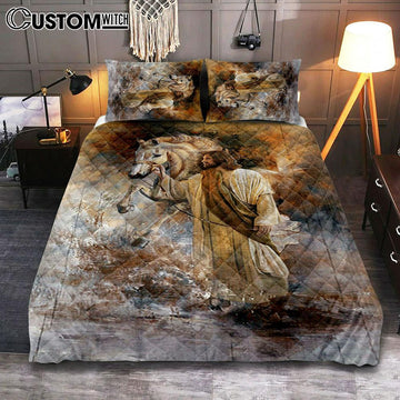 Horse And Jesus Christ Quilt Bedding Set Art - Bible Verse Bedroom
