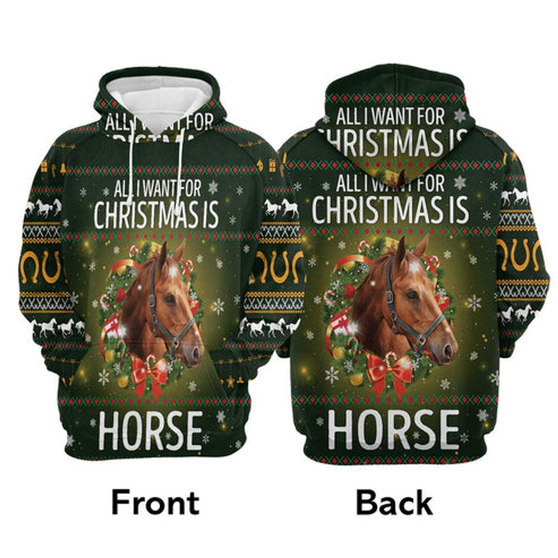 FUNSTUFFPRINT 3D Horse All I Want For Christmas All Over 3D Hoodie and Zip Hoodie