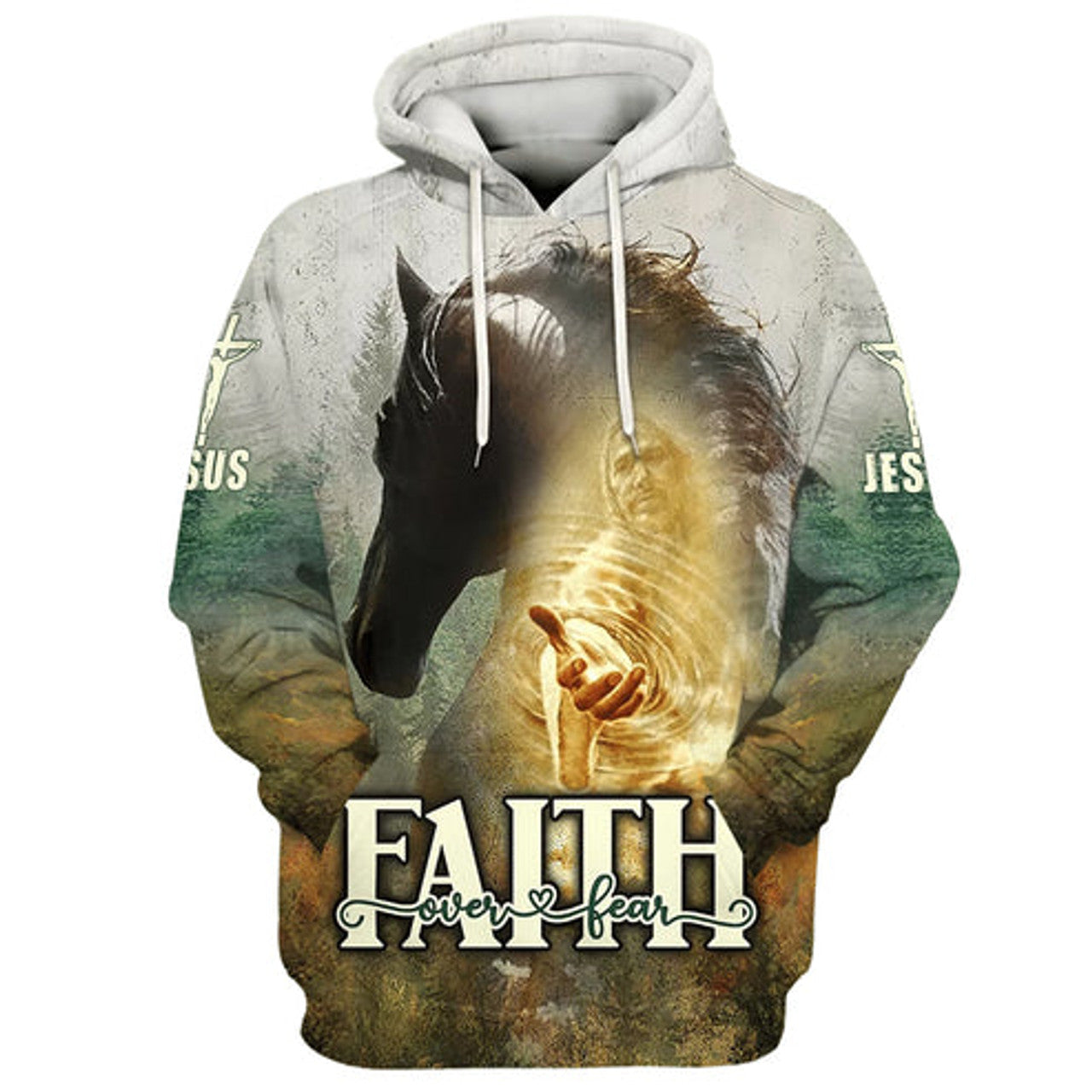 FUNSTUFFPRINT 3D Horse And Jesus Faith Over Fear 3D Hoodie and Zip Hoodie