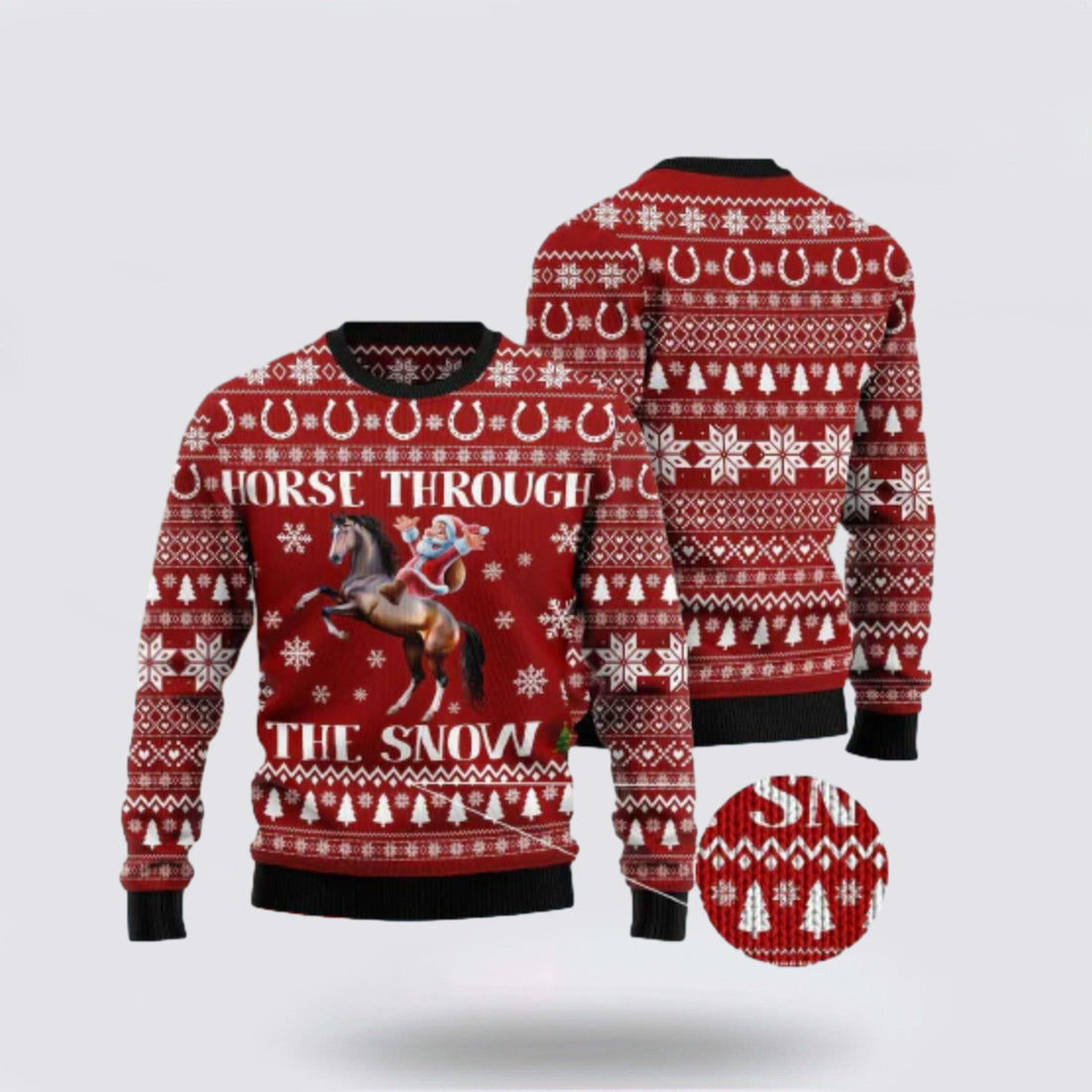 FUNSTUFFPRINT Horse Christmas Ugly Sweater Santa Claus Horse Through The Snow Red White Sweater - Christmas Gifts For Frends Ugly Sweater