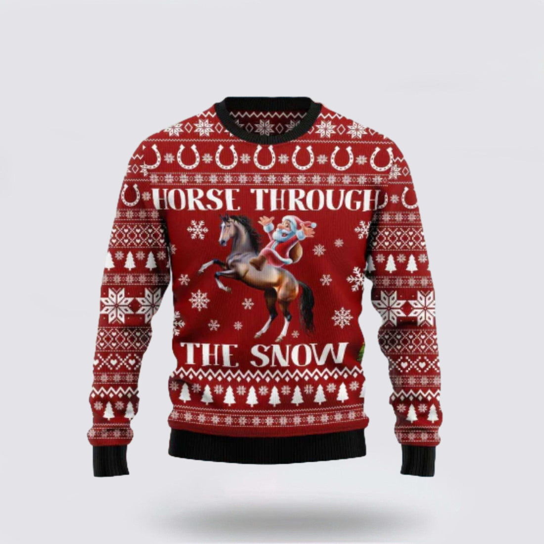 FUNSTUFFPRINT Horse Christmas Ugly Sweater Santa Claus Horse Through The Snow Red White Sweater - Christmas Gifts For Frends Ugly Sweater