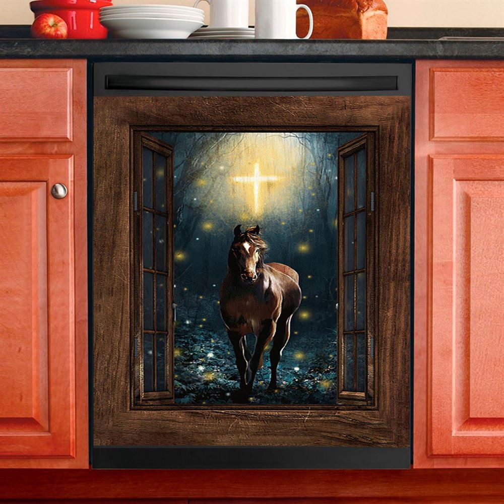 Horse Firefly Cross Wooden Window Dishwasher Cover, Bible Verse Dishwasher Stickers, Christian Inspirational Kitchen Decor