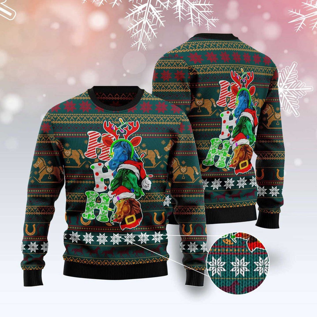 FUNSTUFFPRINT Horse Ho Ho Ho Ugly Christmas Sweater, Christmas Sweater, Ugly Sweater, Funny Xmas Sweaters Ugly Sweater