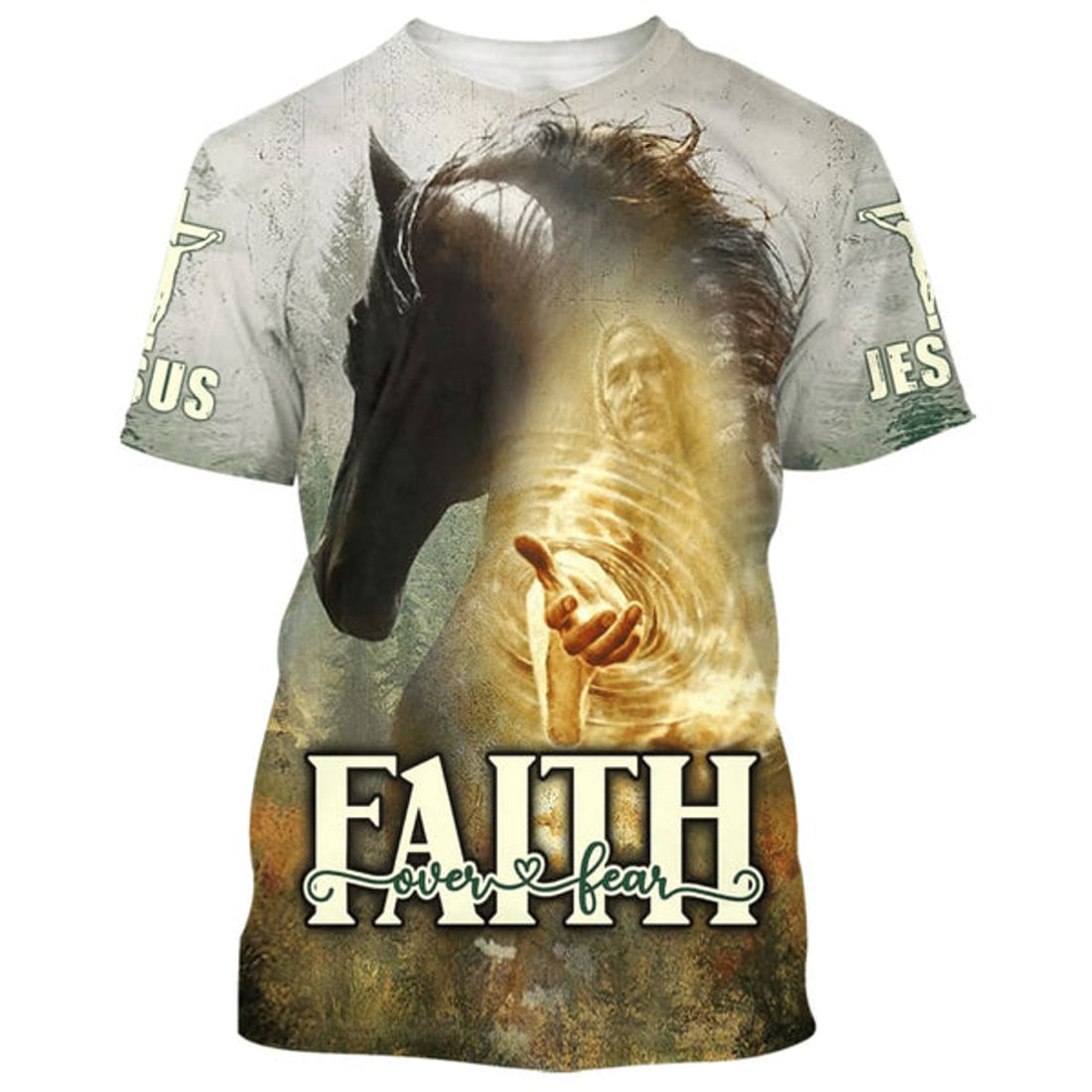 FUNSTUFFPRINT Horse Jesus Hands Reaching OuT-Shirts - Faith Over Fear Christian 3D T-shirt