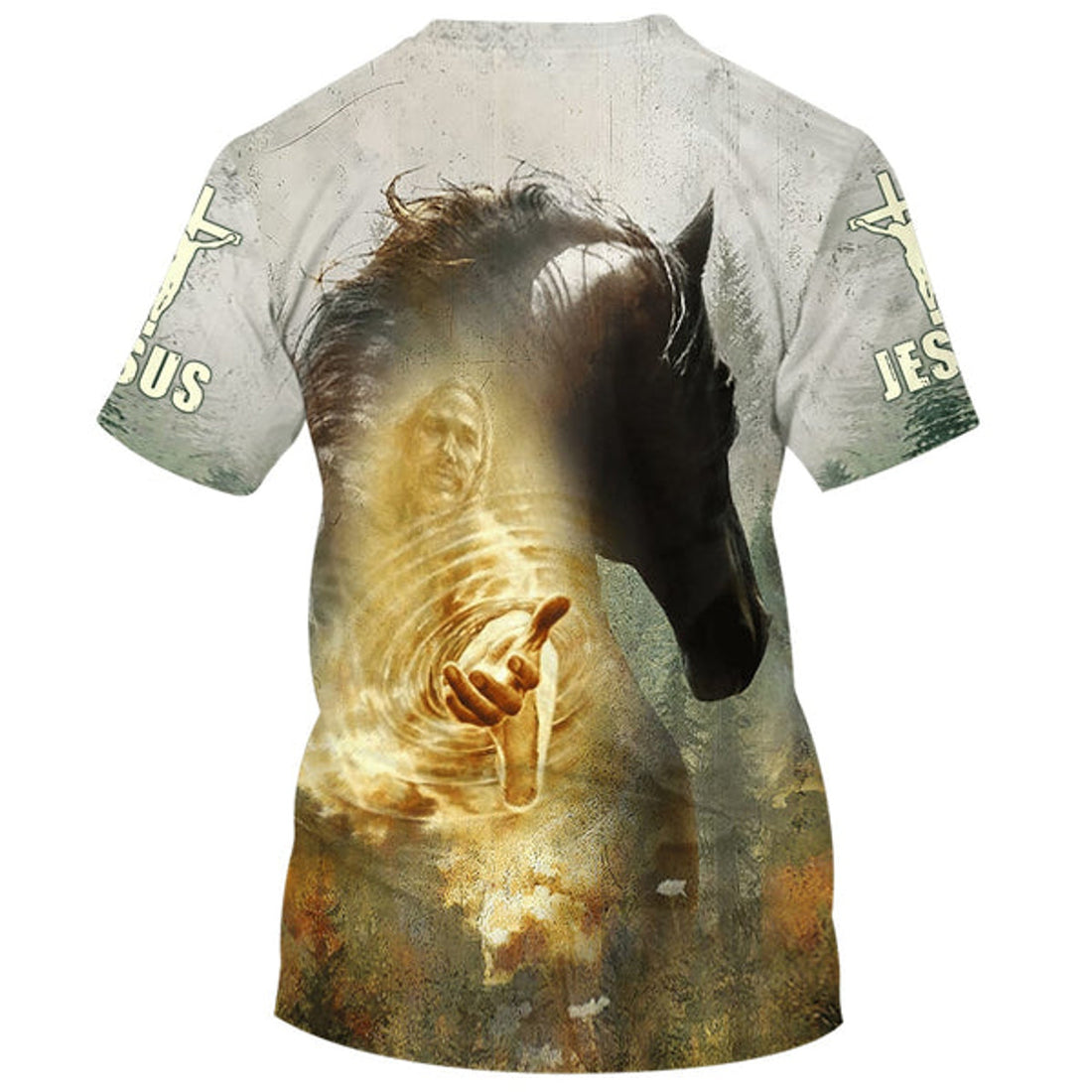 FUNSTUFFPRINT Horse Jesus Hands Reaching OuT-Shirts - Faith Over Fear Christian 3D T-shirt