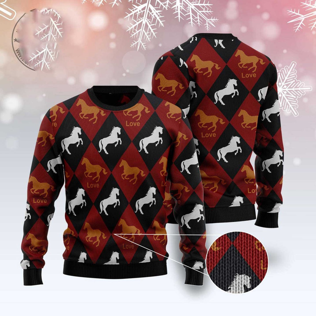 FUNSTUFFPRINT Horse Love Ugly Christmas Sweater, Christmas Sweater, Ugly Sweater, Funny Xmas Sweaters Ugly Sweater