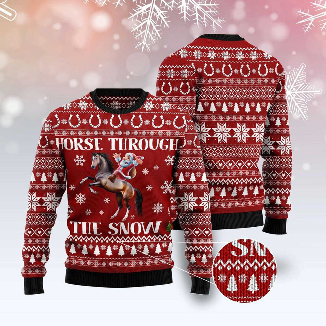 FUNSTUFFPRINT Horse Through The Snow Ugly Christmas Sweater, Christmas Sweater, Ugly Sweater, Funny Xmas Sweaters Ugly Sweater