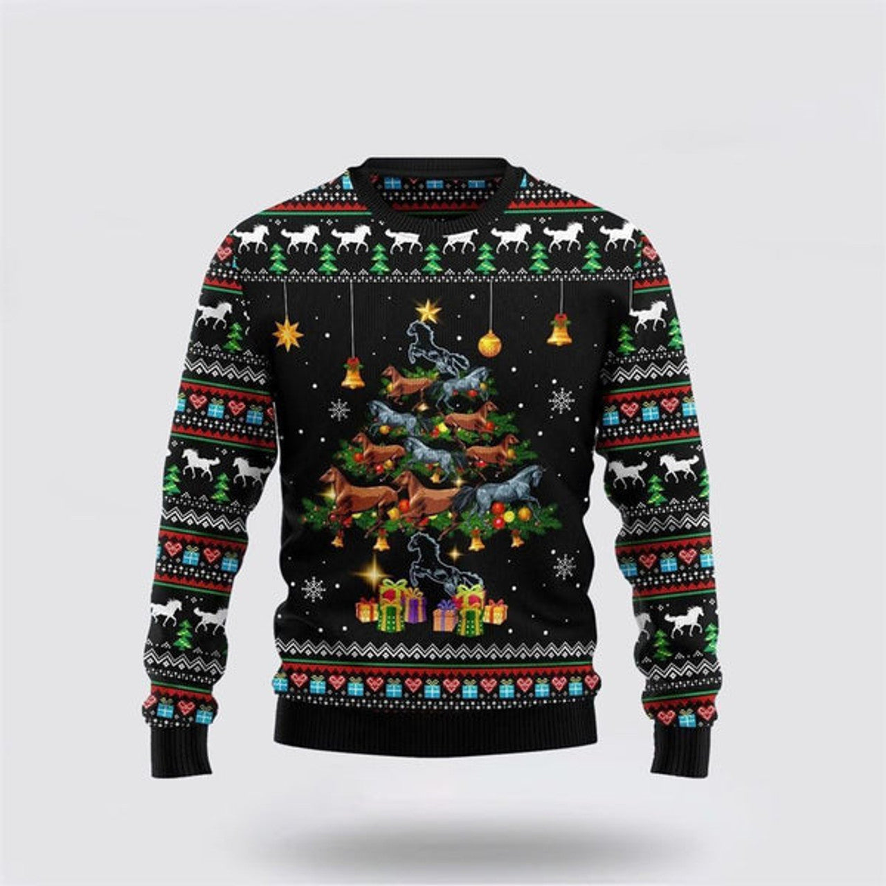 FUNSTUFFPRINT Horse Tree Ugly Christmas Sweater, Farm Sweater, Christmas Gift, Best Winter Outfit Christmas Ugly Sweater