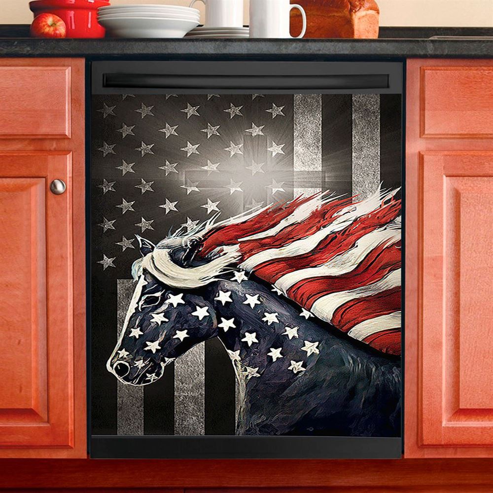 Horse Us Pattern Black Background Us Flag Dishwasher Cover, Christian Dishwasher Stickers, Bible Verse Kitchen Decor