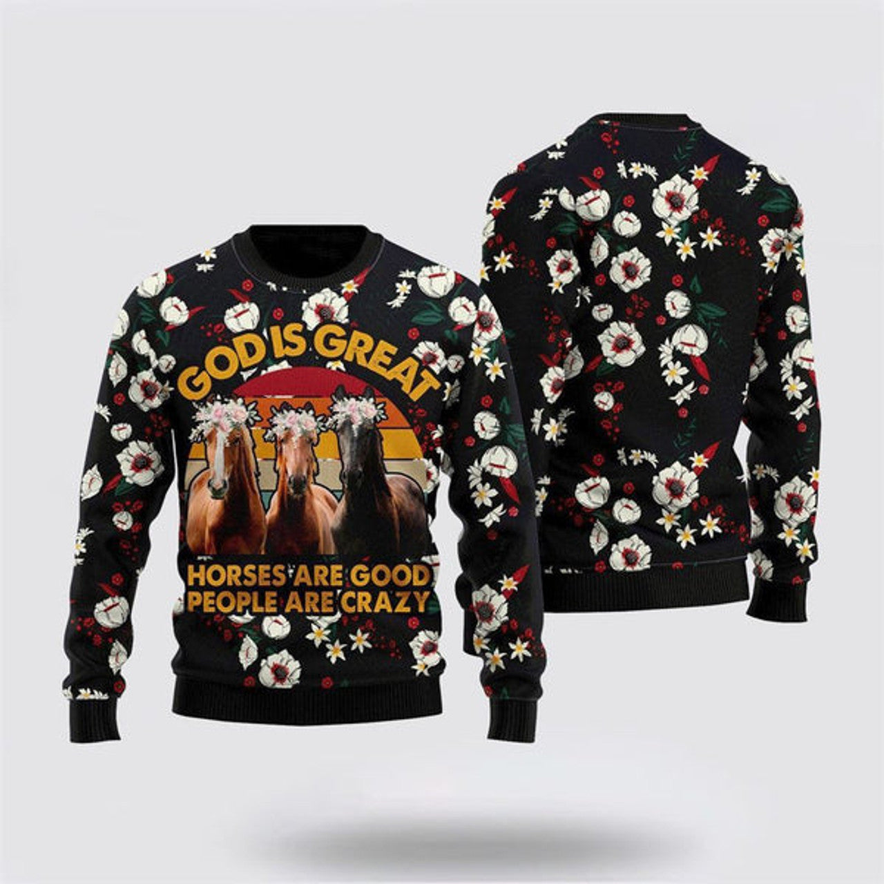 FUNSTUFFPRINT Horses Are Good Ugly Christmas Sweater, Farm Sweater, Christmas Gift, Best Winter Outfit Christmas Ugly Sweater
