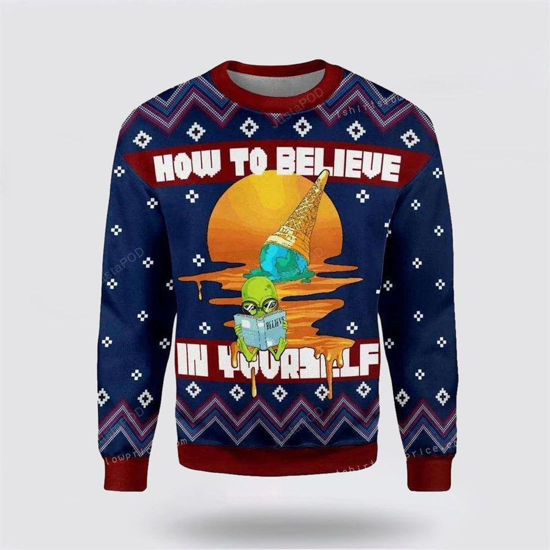 FUNSTUFFPRINT How To Believe In Yourself Alien Christmas Ugly Sweater Mens - Christmas Gifts For Frends Ugly Sweater