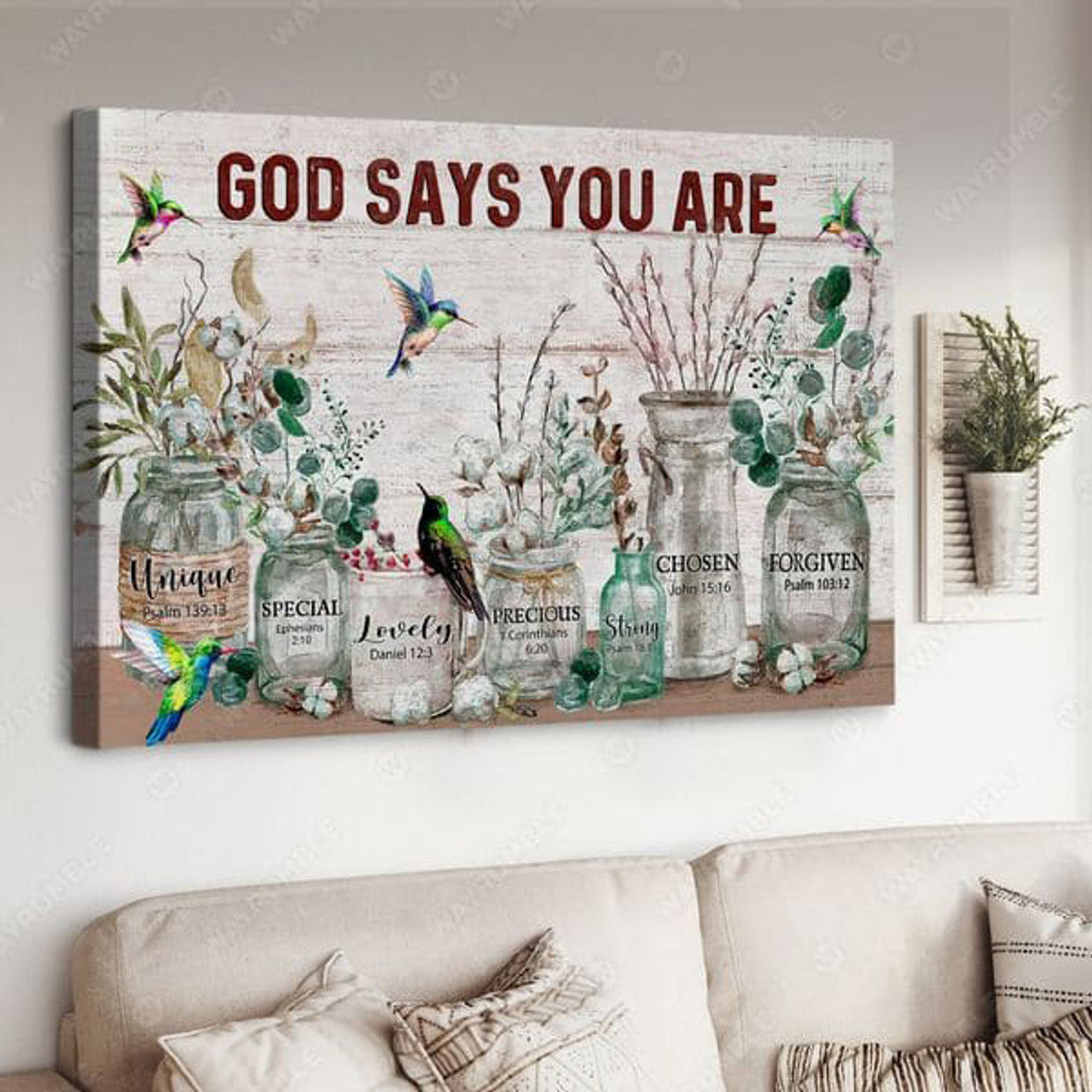 Hummingbird Poster, God Says You Are Unique Special Lovely Precious Strong, Butterfly Flower Poster and Canvas